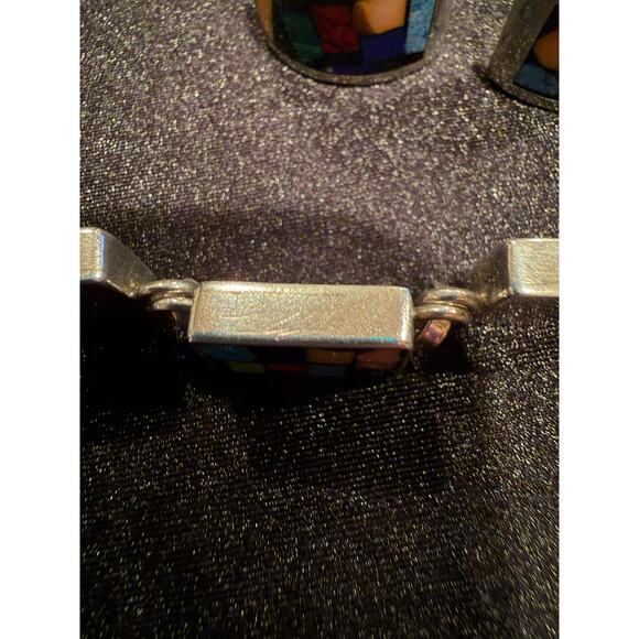 Mexican Sterling Silver 925 ATI Multi-Stone Inlay Mosaic Toggle Bracelet - Picture 15 of 15